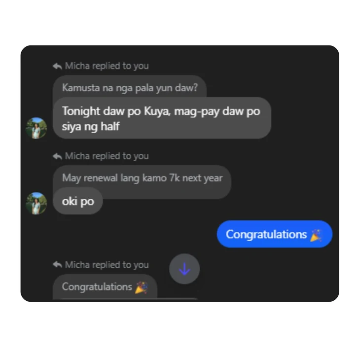 A shared client conversation about payment arrangements and a renewal.