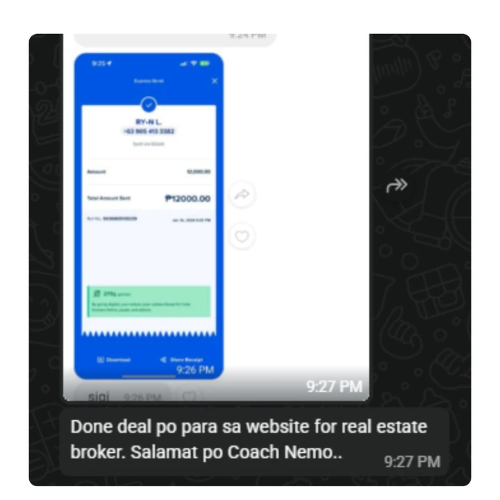 A shared message about a real estate broker website project, with its payment screenshot.
