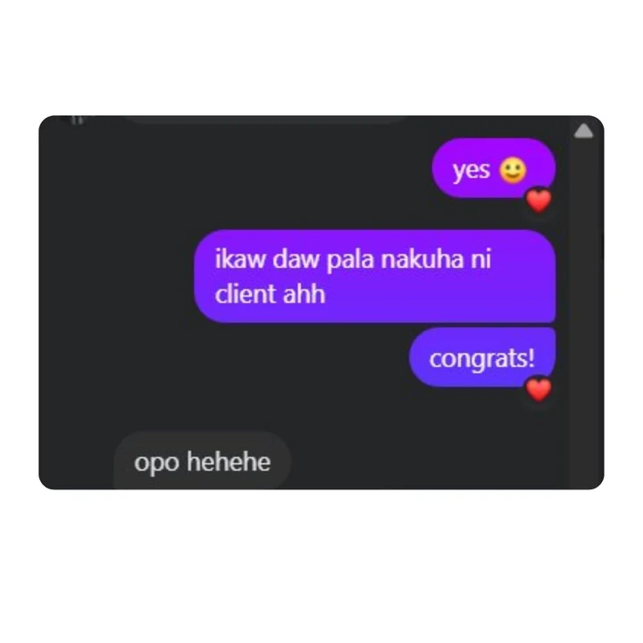 A learner confirms being selected by a client in a shared conversation.