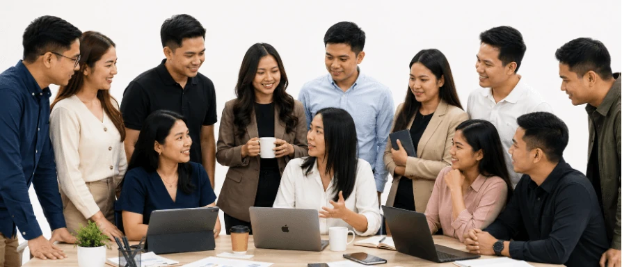 Illustration of a collaborative group of professionals learning and working around a table