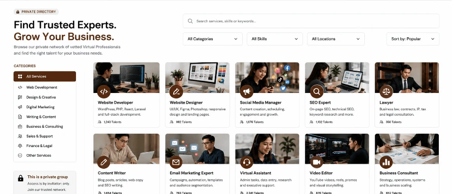 Preview of a private service provider directory with website developers, designers and other specialists