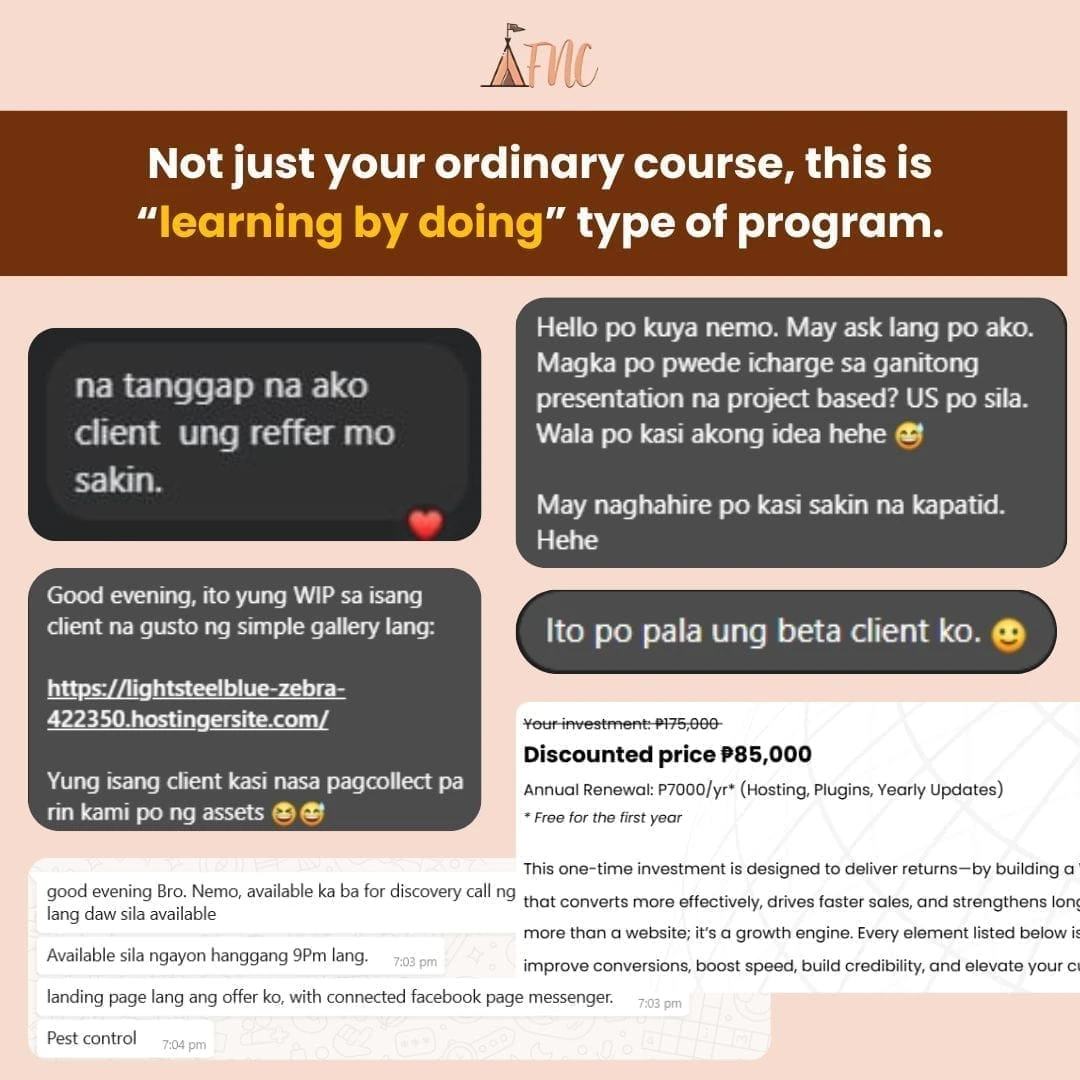 Original community messages sharing client referrals, beta projects, and website work