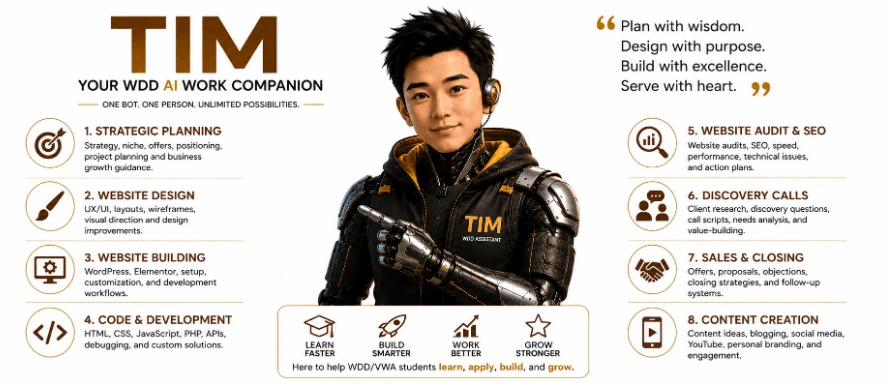 TIM, your WDD AI work companion: planning, design, building, development, SEO, sales and content